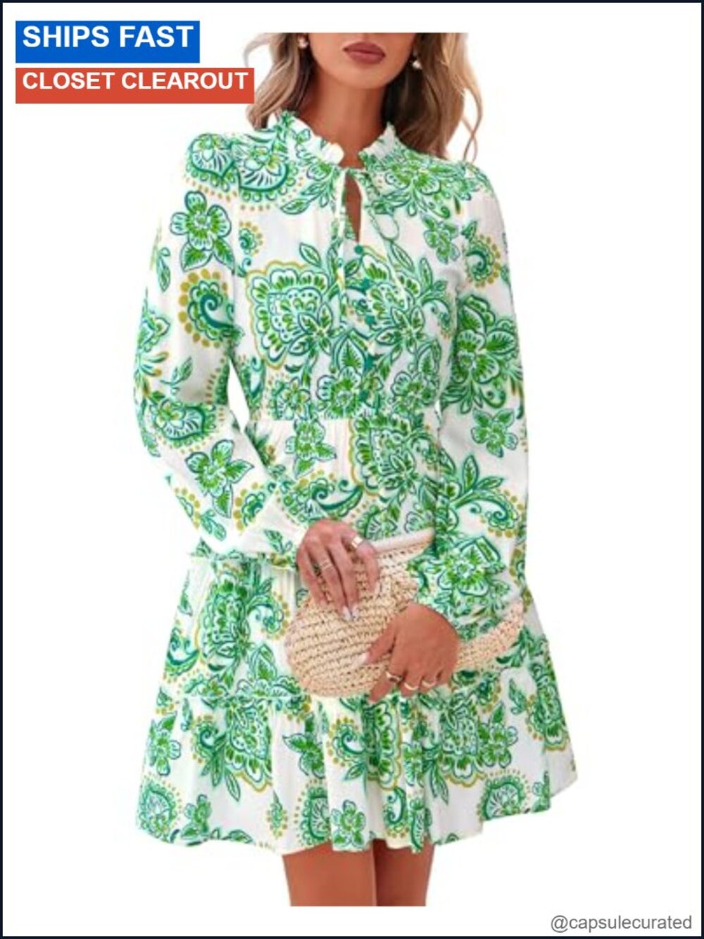 Floral Long Sleeve V-Neck A-Line Mini Dress, Rayon, Casual Boho Fall Dress